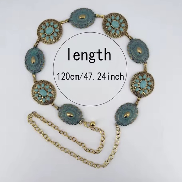 Vintage Bohemian Turquoise Stone Medallion Link Belt – Adjustable